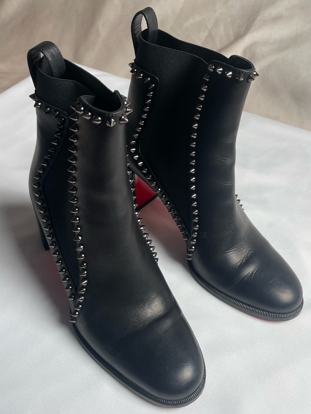 Christian Louboutin Black Leather Studded Ankle Boots with Signature Red Soles